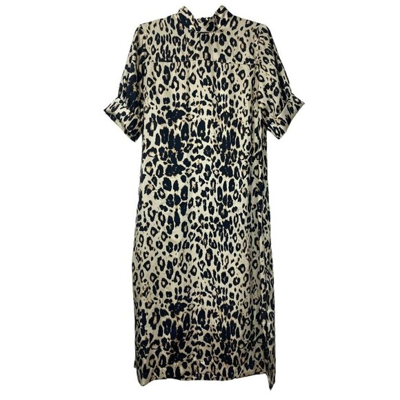 Zara Mock Beige‎ Brown Neck Animal Print Open Sides Midi Dress Large - Picture 2 of 14